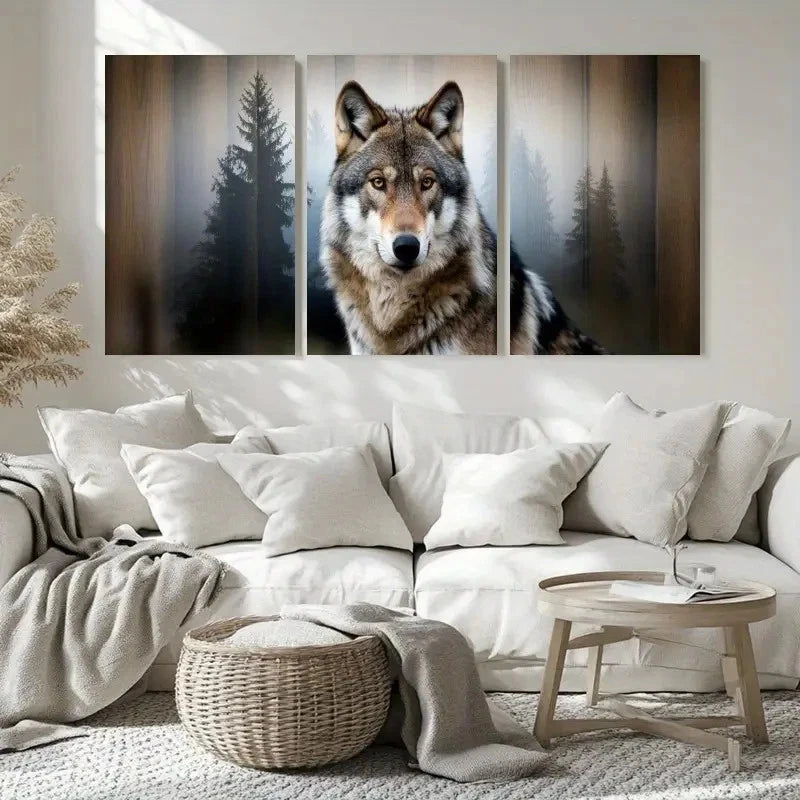 3pcs Wolf and Pine Tree Style Animal Print Metal Print Ready to Hang Art