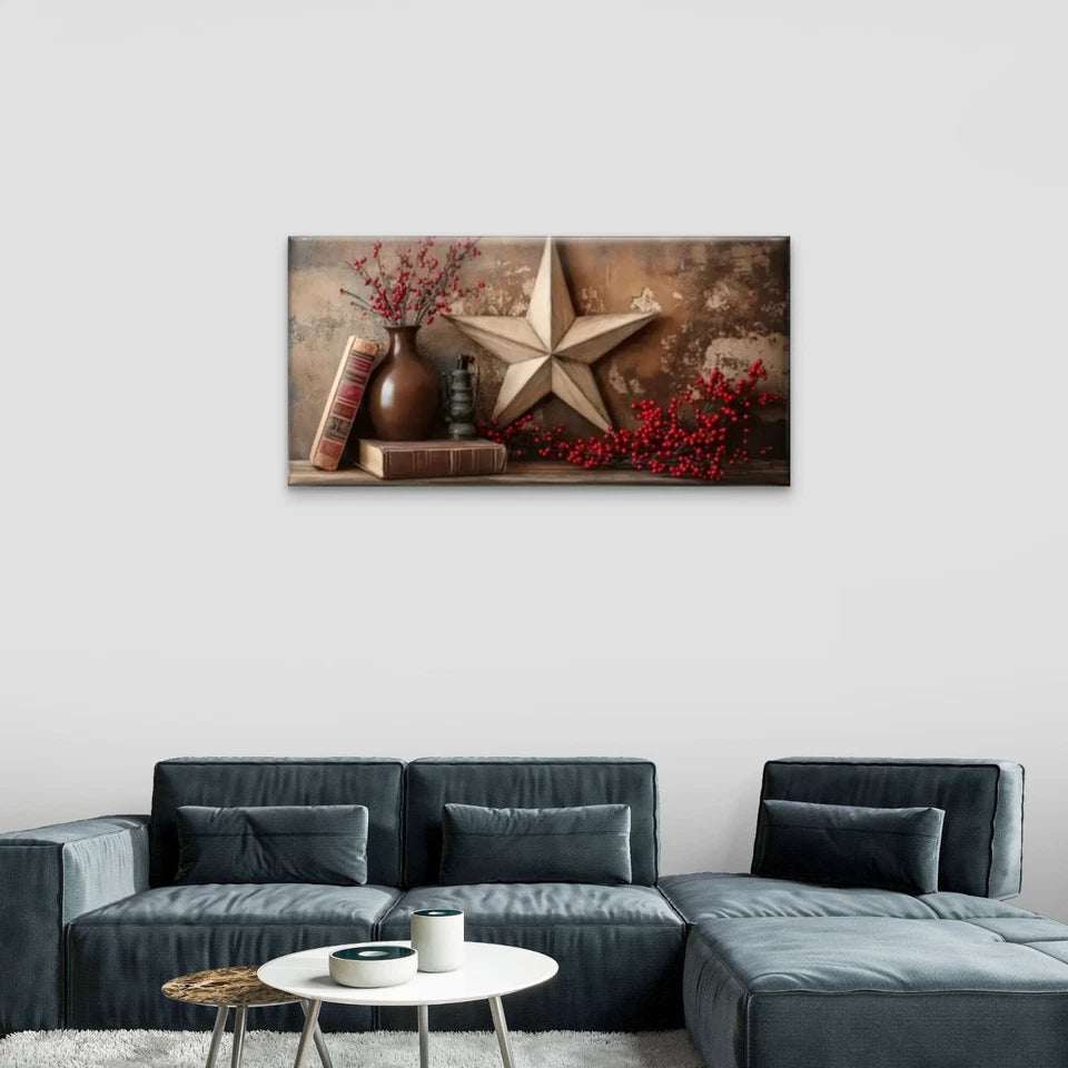 Rustic Star Vase Red Floral Wall Art Canvas Office Home Room Framed 120x60cm
