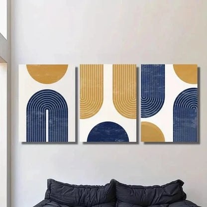 3pcs Golden Navy Blue Geometric Shapes & Lines Wall Art Set Canvas Unframed - High Quality Print 100% Australian Made Wall Canvas