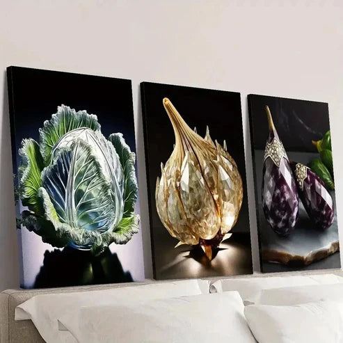 3pcs Cabbage Crystal Garlic Eggplant Wall Art Canvas Unframed - High Quality Print 100% Australian Made Wall Canvas