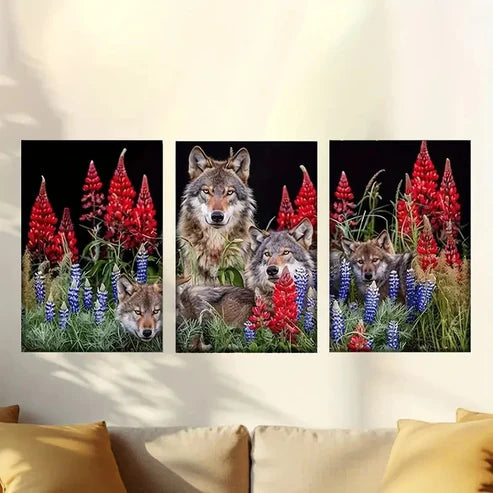 3pcs Vivid Wolves in Flower Field Triptych Wall Art Set Canvas Unframed – High Quality Print 100% Australian Made Wall Canvas
