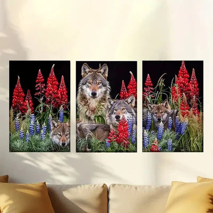 3pcs Vivid Wolves in Flower Field Triptych Wall Art Set Canvas Unframed – High Quality Print 100% Australian Made Wall Canvas