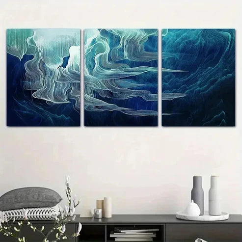 3pcs Abstract Blue & White Ocean Wave Art Set Canvas Unframed - High Quality Print 100% Australian Made Wall Canvas