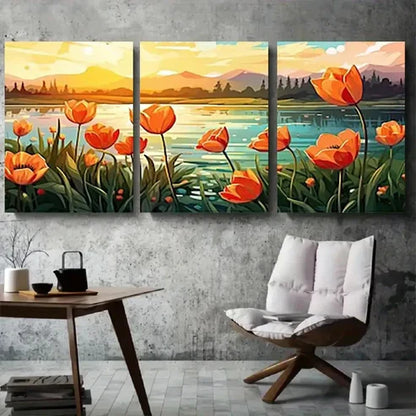 3pcs Sunrise Orange Tulip Lake Wall Art Canvas Unframed - High Quality Print 100% Australian Made Wall Canvas