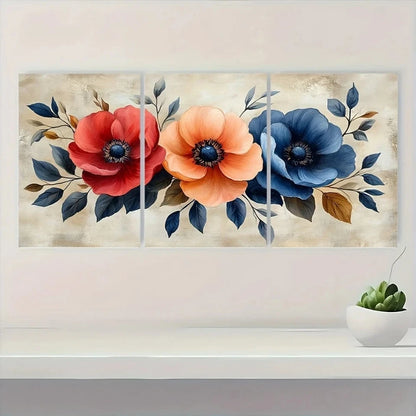 3pcs Reds & Blues Botanical Painting Elegant Metal Print Ready to Hang Art