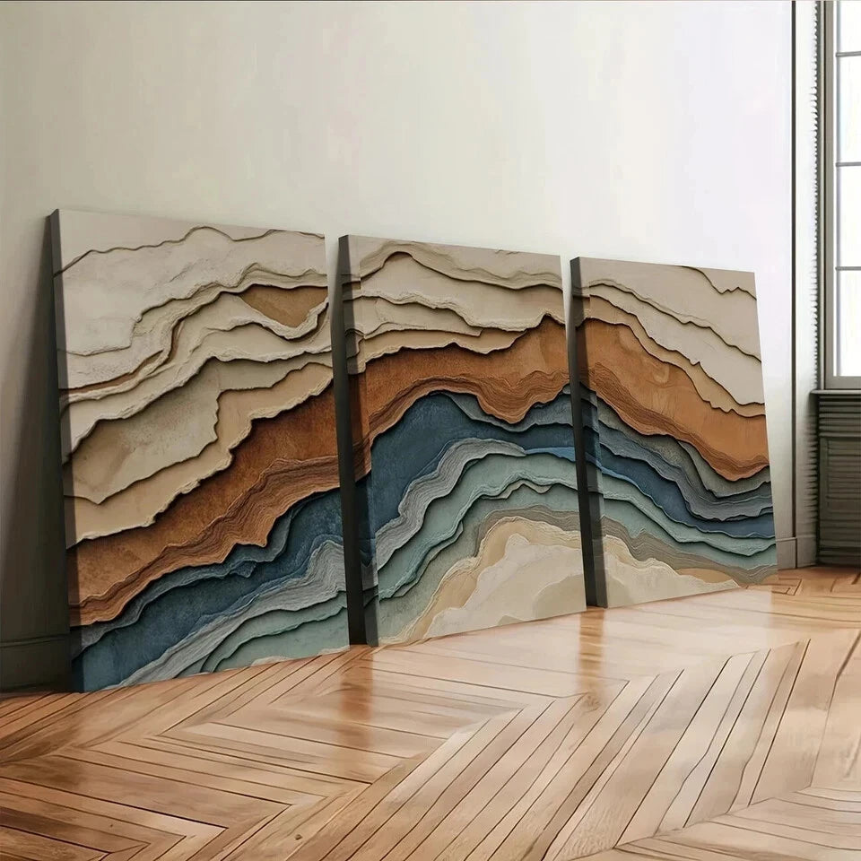 3pcs Abstract Earth Tones Blue Wave Brown Gray Wall Art Set Canvas Framed 50x70cm - High Quality Print 100% Australian Made Wall Canvas Ready to Hang