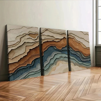 3pcs Abstract Earth Tones Blue Wave Brown Gray Wall Art Set Canvas Framed 50x70cm - High Quality Print 100% Australian Made Wall Canvas Ready to Hang