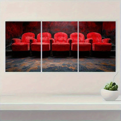 3pcs Modern Red Velvet Theater Seats Metal Print Ready to Hang Art