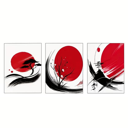3pcs Three Sets of Japanese Ink Painting Red  Wall Art Set Canvas Framed 60x90cm - High Quality Print 100% Australian Made Wall Canvas Ready to Hang