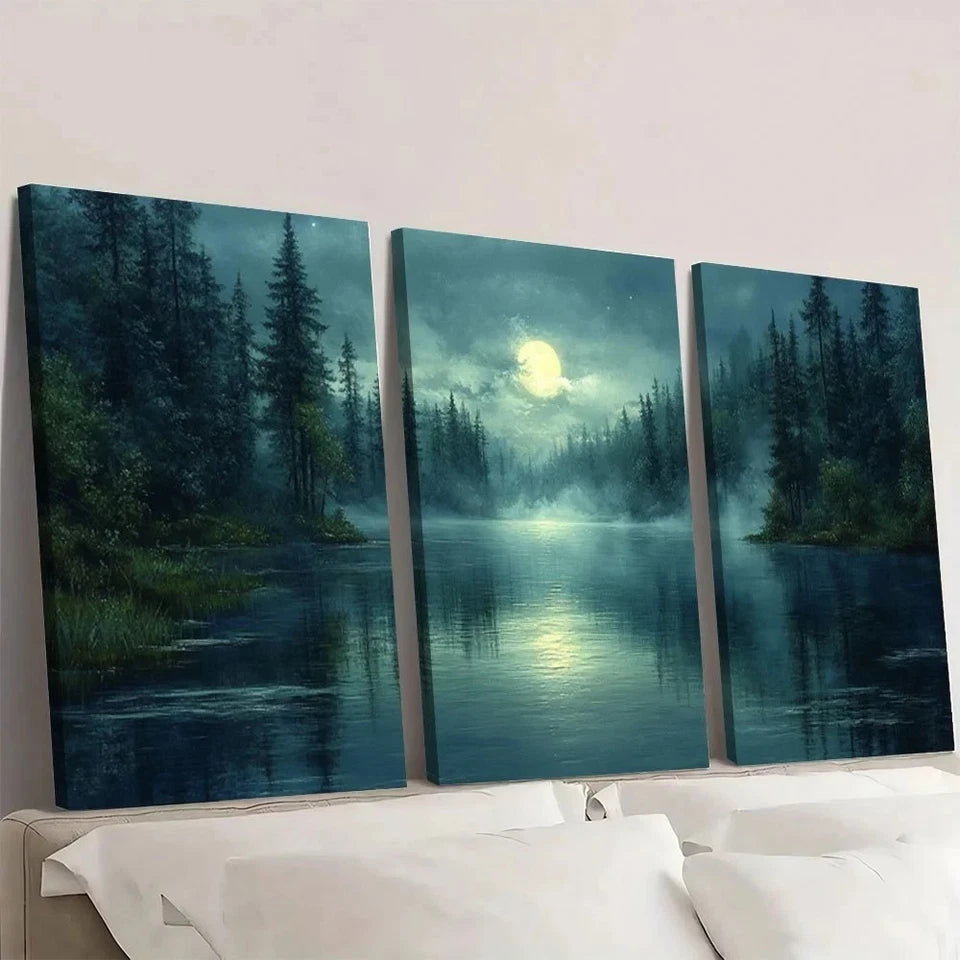 3pcs Moonlit Forest Misty Pine Trees & River Wall Art Set Canvas Framed 60x90cm - High Quality Print 100% Australian Made Wall Canvas Ready to Hang