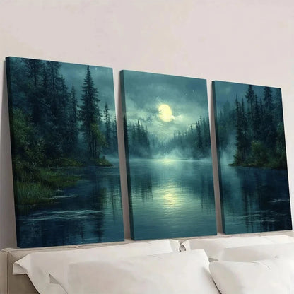 3pcs Moonlit Forest Misty Pine Trees & River Wall Art Set Canvas Framed 60x90cm - High Quality Print 100% Australian Made Wall Canvas Ready to Hang
