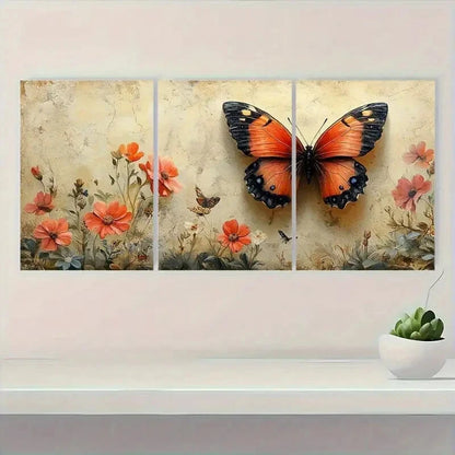 3pcs Vibrant Butterfly & Floral Metal Print Ready to Hang Art