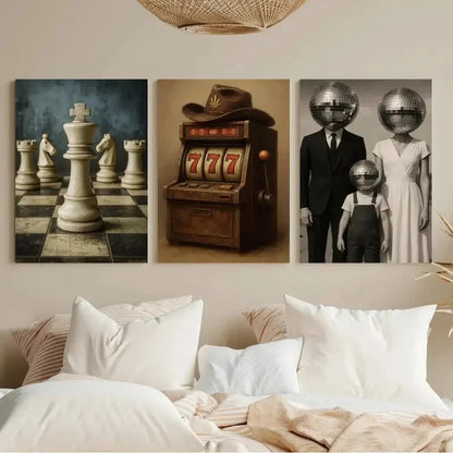 3pcs Chess King Piece Disco Head Family Metal Print Ready to Hang Art