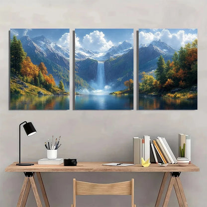 3pcs Mountain Waterfall & Lake Autumn Scenery Metal Print Ready to Hang Art