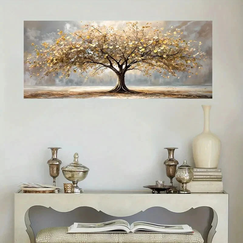 Golden & Beige Leaves wall canvas office home room framed 120x60cm