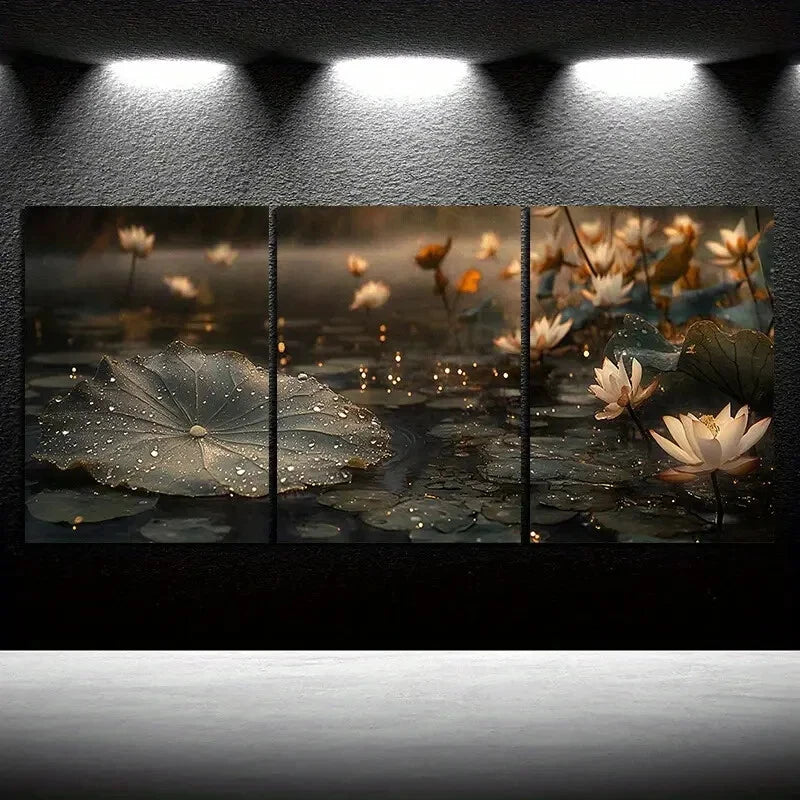 3pcs Leaves Adorned with Dewdrops Painting Metal Print Ready to Hang Art