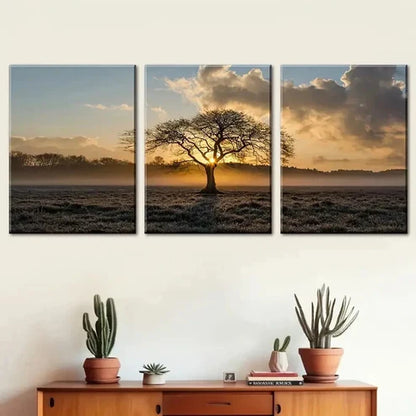 3pcs Tree Of Life On Prairie Sunset Landscape Perfect Wall Art Canvas Unframed – High Quality Print 100% Australian Made Wall Canvas