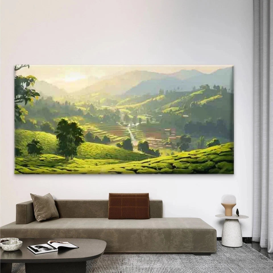 Green Hill & Mountain Valley Wall Art Canvas Office Home Room Framed 120x60cm