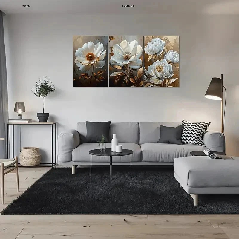 3pcs Modern Abstract White Floral Metal Print Ready to Hang Art