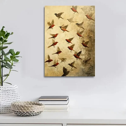 Beautiful Featuring Red & Black Birds Painting  40x60cm Metal Print Ready to Hang