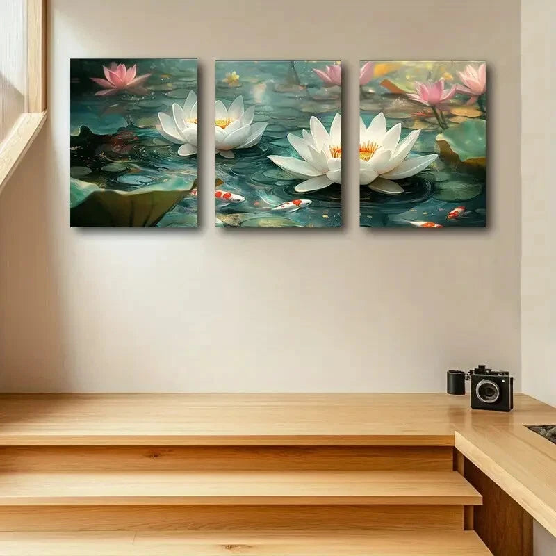 3pcs Lotus Blossom Serene Water Lily Pond Metal Print Ready to Hang Art