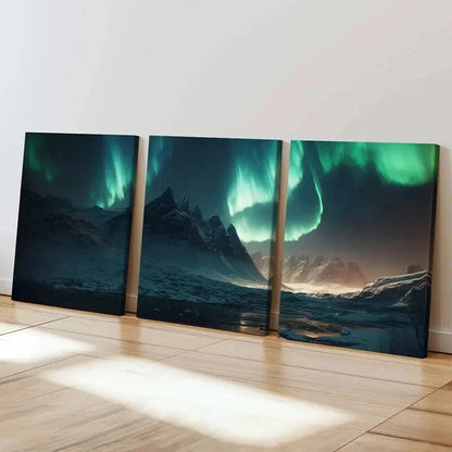 3pcs Snow Mountains Aurora Northern Lights Wall Art Set Canvas Framed 40x60cm - High Quality Print 100% Australian Made Wall Canvas Ready to Hang