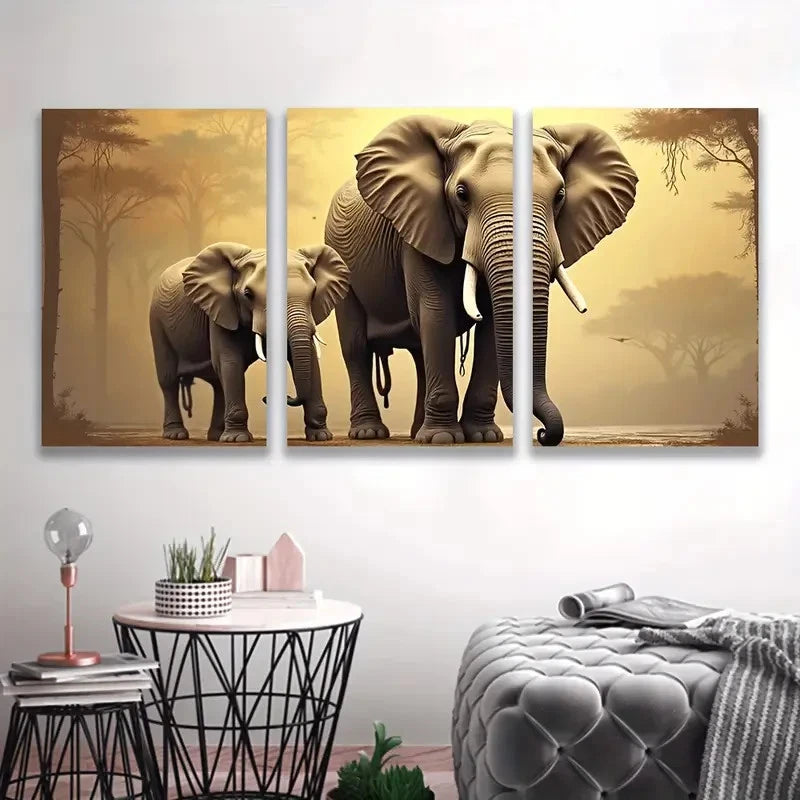 3pcs Majestic Elephant Family Walking Wall Art Set Canvas Framed 40x60cm - High Quality Print 100% Australian Made Wall Canvas Ready to Hang