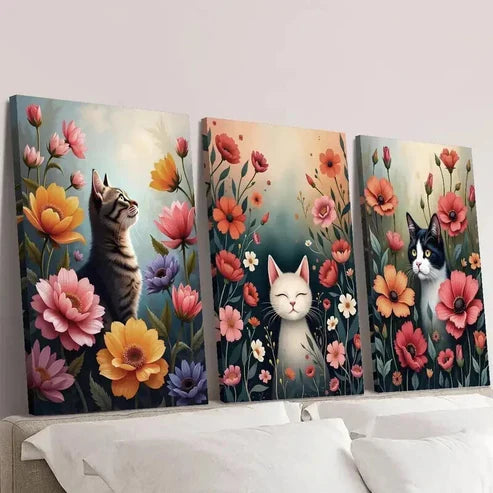 3pcs Cats in the Colorful Garden Design Wall Art Canvas Unframed – High Quality Print 100% Australian Made Wall Canvas