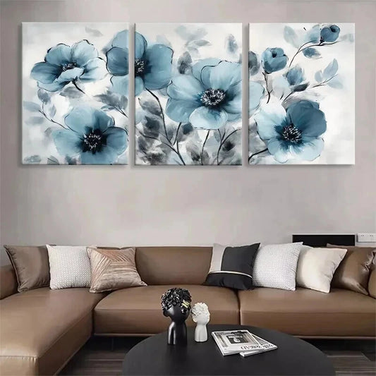 3pcs Elegant Blue Floral Blooming Flower Perfect Wall Art Set Canvas Framed 50x70cm - High Quality Print 100% Australian Made Wall Canvas Ready to Hang