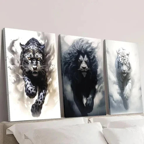 3pcs Black Cheetah Lion & White Tiger Wall Art Set Canvas Unframed - High Quality Print 100% Australian Made Wall Canvas