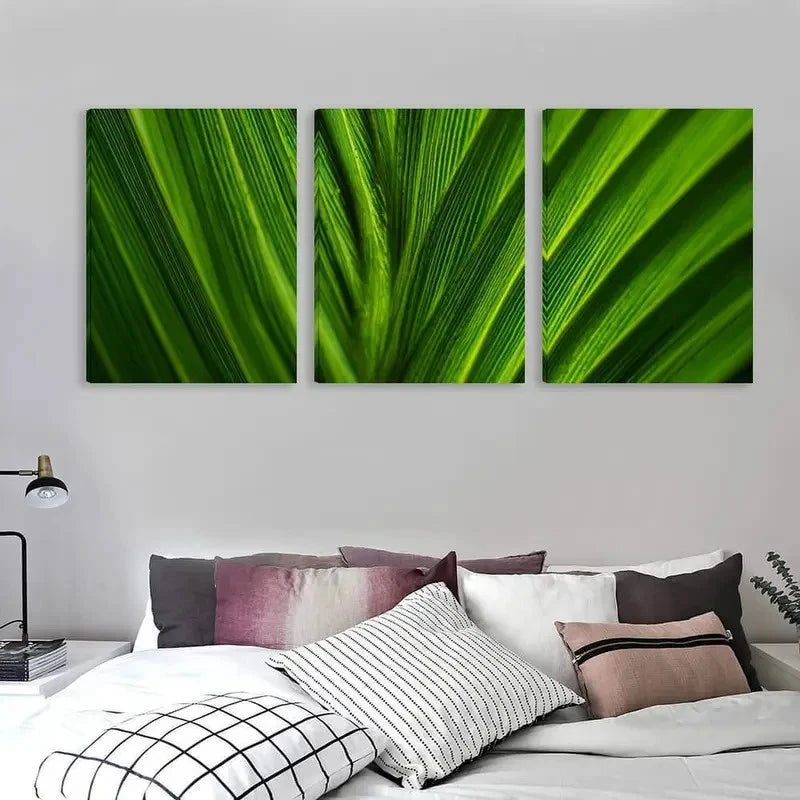 3pcs Vibrant Green Texture on a Palm Leaf     Wall Art Set Canvas Framed 60x90cm - High Quality Print 100% Australian Made Wall Canvas Ready to Hang