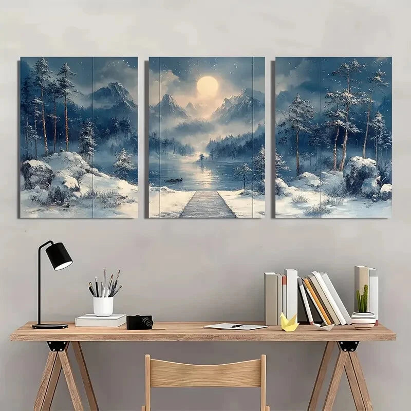 3pcs Blue Winter Animal Wolf Full Moon Metal Print Ready to Hang Art