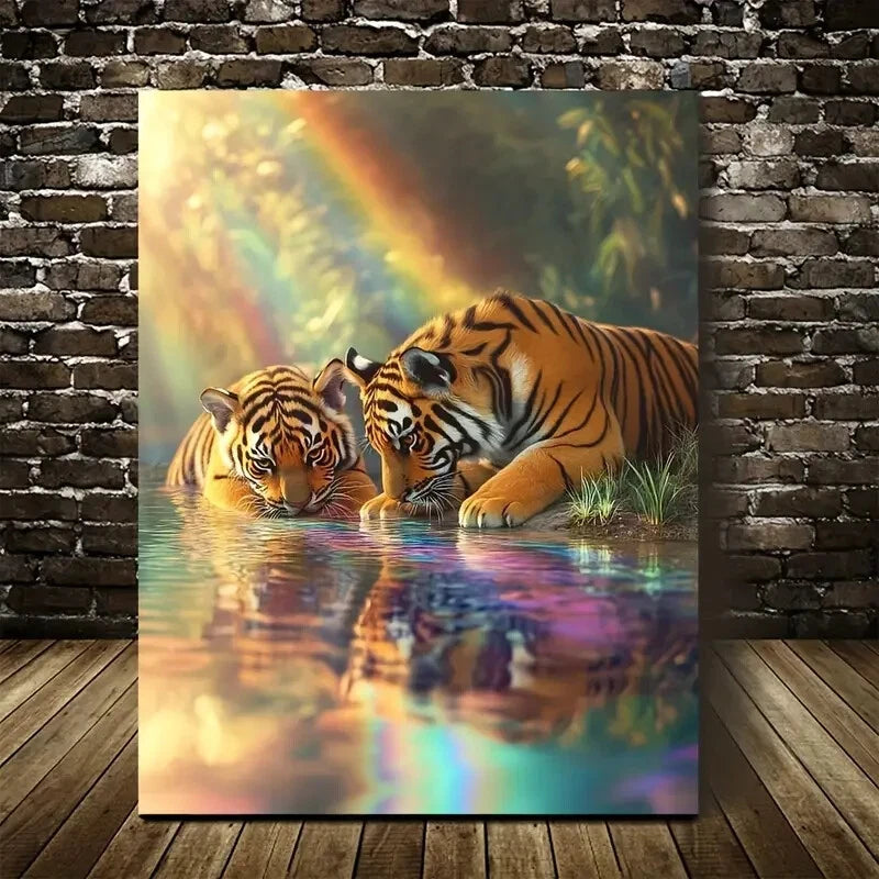 Beautiful Dreamlike Tiger Cubs Painting 40x60cm Metal Print Ready to Hang
