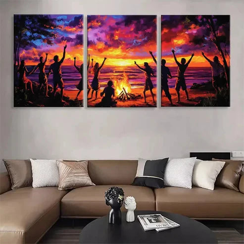 3pcs Beach Bonfire Sunset Celebration Perfect Wall Art Set Canvas Unframed - High Quality Print 100% Australian Made Wall Canvas