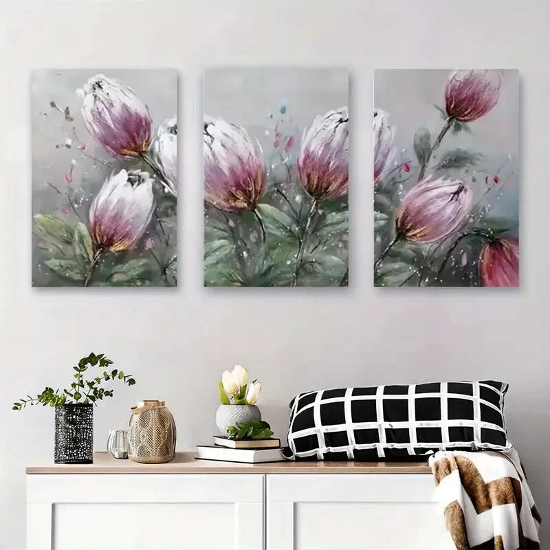 3pcs Modern Soft Watercolor Floral Design Metal Print Ready to Hang Art