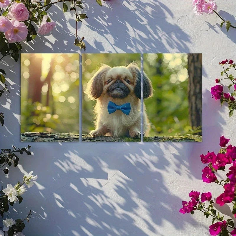 3pcs Pekingese Dog Cute Bow Tie Forest Scene Metal Print Ready to Hang Art