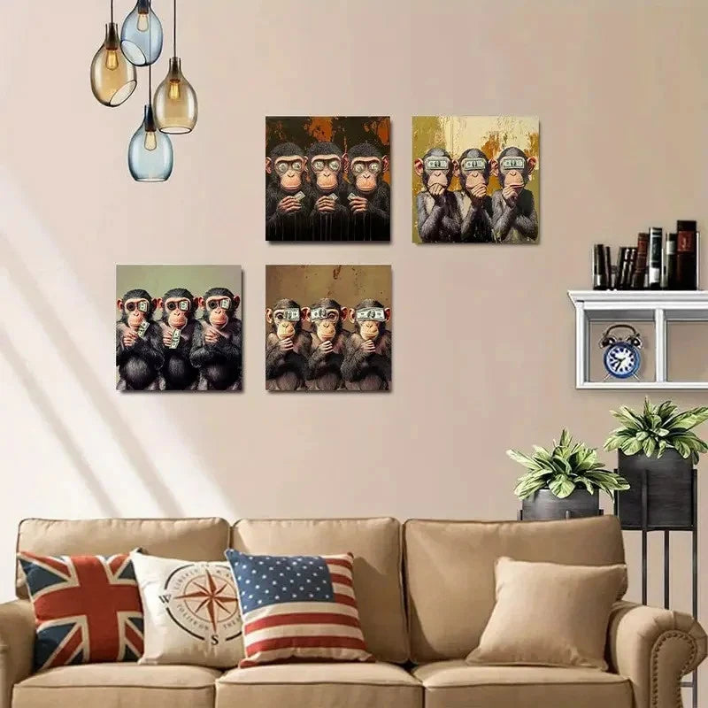4pcs Funny Monkey Elegant Modern Wall Art Canvas Framed