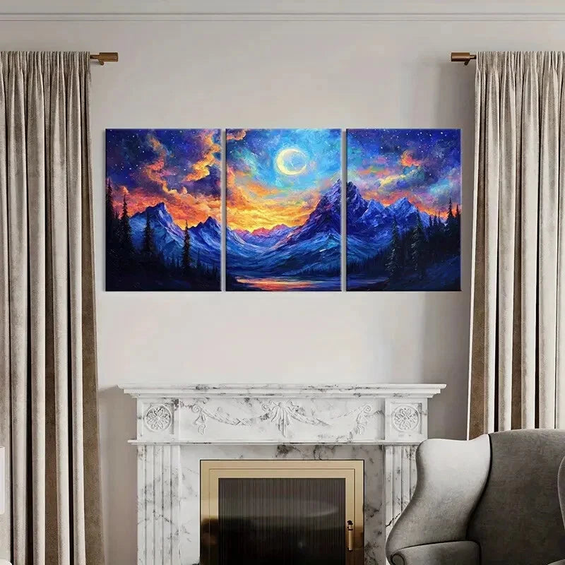 3pcs Moonlit Mountain Landscape Vibrant Sky Metal Print Ready to Hang Art
