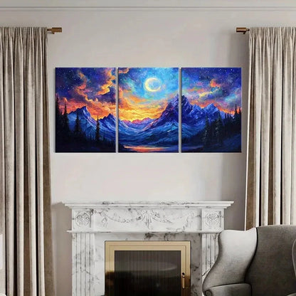 3pcs Moonlit Mountain Landscape Vibrant Sky Metal Print Ready to Hang Art