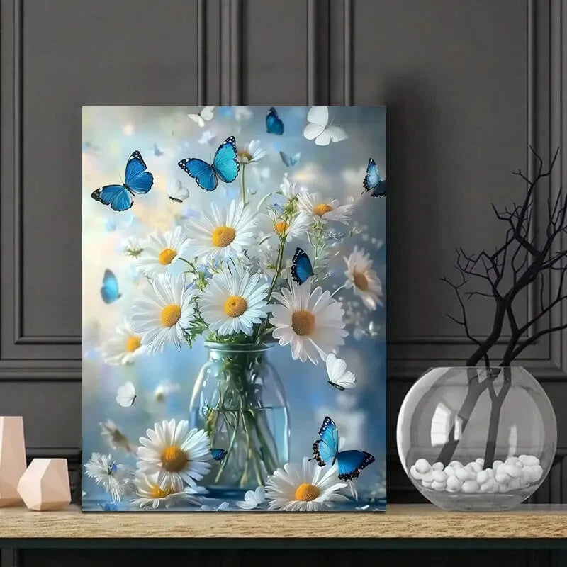 Elegant Daisy Bouquet in Glass Vase with Butterflies 40x60cm Metal Print Ready to Hang