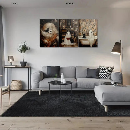 3pcs Spooky Halloween Ghosts with Black Cat Metal Print Ready to Hang Art