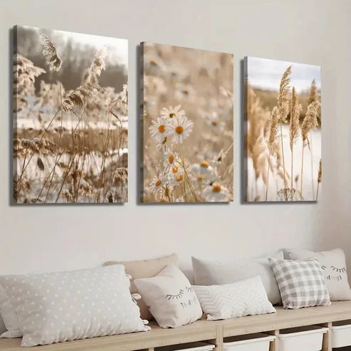 3pcs Botanical Daisy Wildflower Reed Perfect Wall Art Canvas Unframed - High Quality Print 100% Australian Made Wall Canvas
