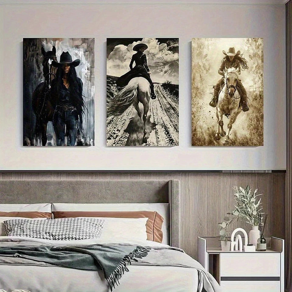 3pcs Western Cowboy Horse Black and White Metal Print Ready to Hang Art