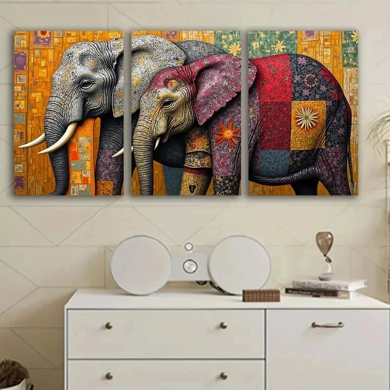 3pcs Elephant Abstract Pattern Design Wall Art Set Canvas Framed 60x90cm - High Quality Print 100% Australian Made Wall Canvas Ready to Hang