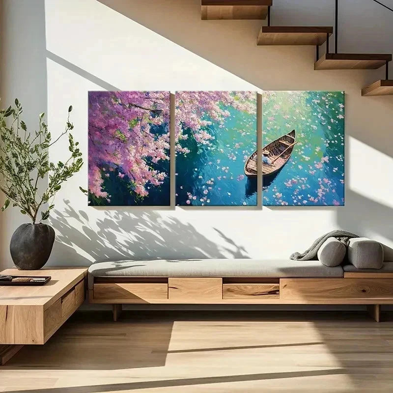 3pcs Blossom River Scene with Rowboat Wall Art Set Canvas Framed 40x60cm - High Quality Print 100% Australian Made Wall Canvas Ready to Hang