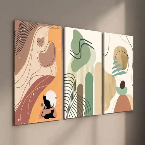 3pcs Geometric Abstract Shapes and Animal Cat Wall Art Set Canvas Unframed - High Quality Print 100% Australian Made Wall Canvas