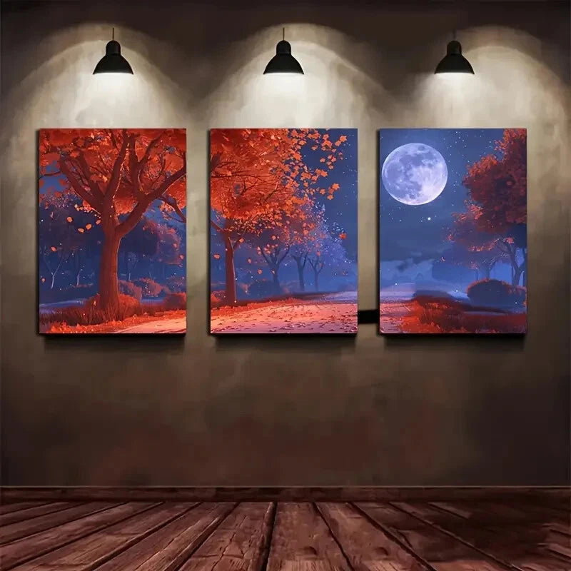 3pcs Beige and Gray Mountain Forest Metal Print Ready to Hang Art