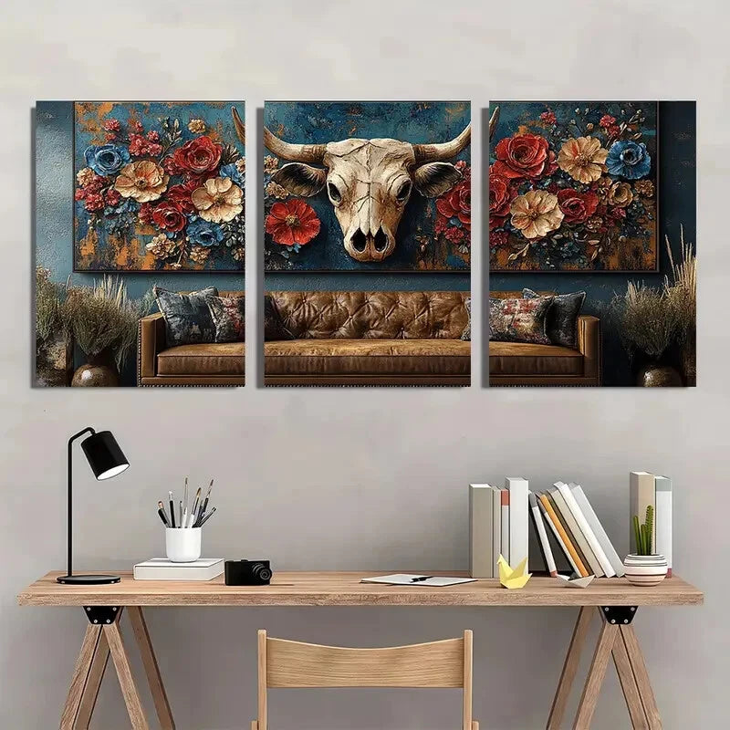 3pcs Rustic Cow Skull & Floral Vintage Blue Metal Print Ready to Hang Art