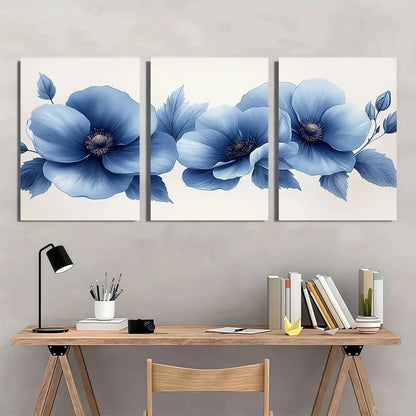 3pcs Blue Flower Plant Bouquet Floral Metal Print Ready to Hang Art