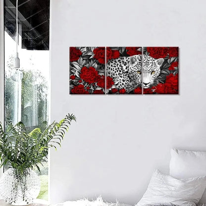 3pcs Black and White with Red Floral Leopard Metal Print Ready to Hang Art